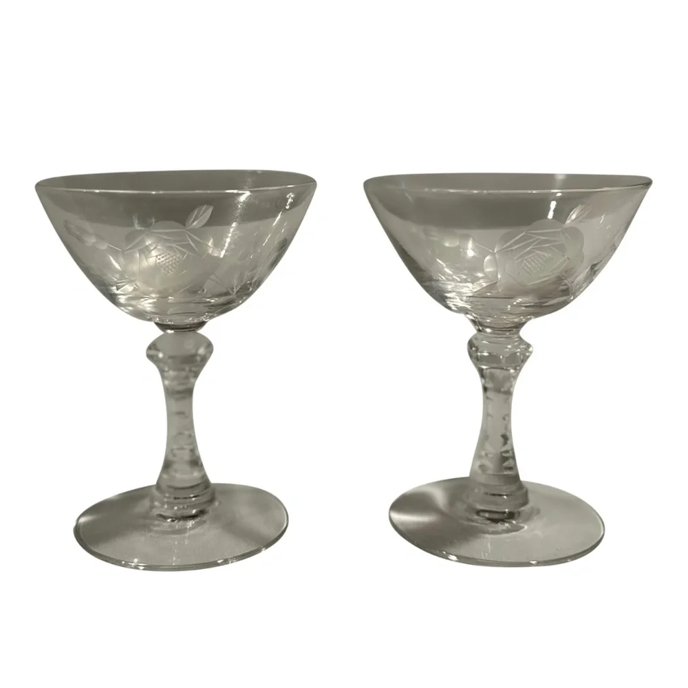 Art Deco Hand Cut Champagne Dessert Glasses Rose Design-A Pair